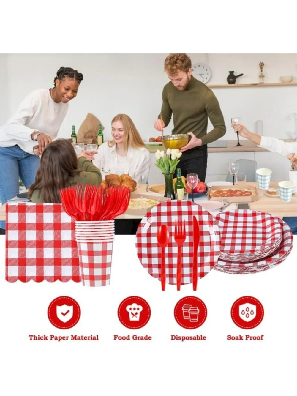 168-Piece Gingham Party Supplies Set for 24 Guests - Disposable Tableware